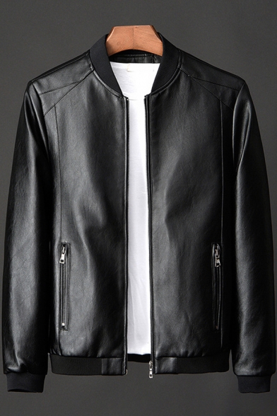 Cool Mens Jacket Leather Long Sleeve Zipper Front Regular Fitted Plain Jacket