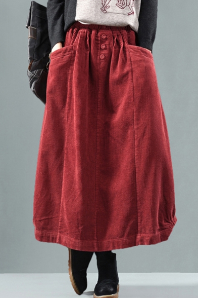 Girls Simple Skirt Solid Color Corduroy Elastic Waist Mid A-line Skirt