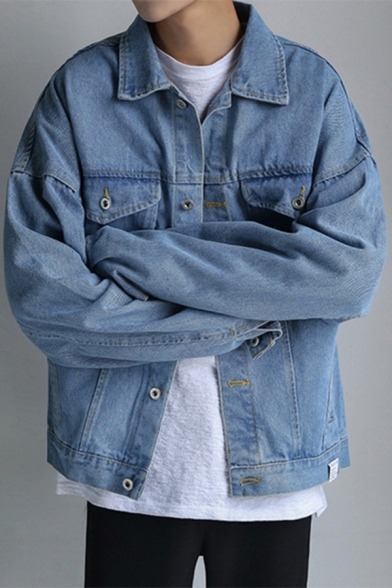 Guys Simple Embroidery Back Long Sleeve Button Front Casual Oversized Vintage Denim Jacket Coat