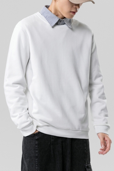 Leisure Men's Sweatshirt Solid Color Fleece Lined Ribbed Trim Round Neck Long Sleeve Regular Fitted Sweatshirt