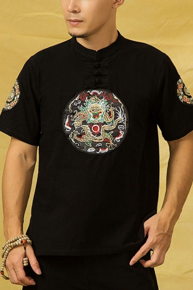 Leisure Men's Tee Top Graphic Print Horn Button Mock Neck Short Sleeve Regular Fitted T-Shirt
