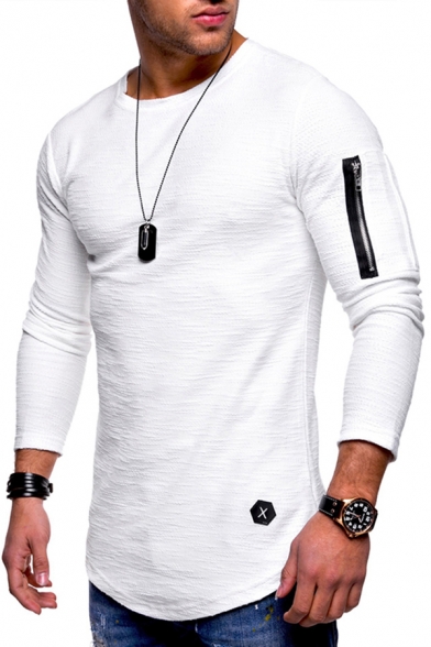 Leisure Men's Tee Top Solid Color Round Neck Zip Detail Long Sleeves Slim Fitted T-Shirt
