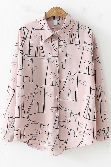 Leisure Women's Shirt Blouse Cartoon Cat Print Button Fly Point Collar Long Sleeve Regular Fitted Shirt Blouse