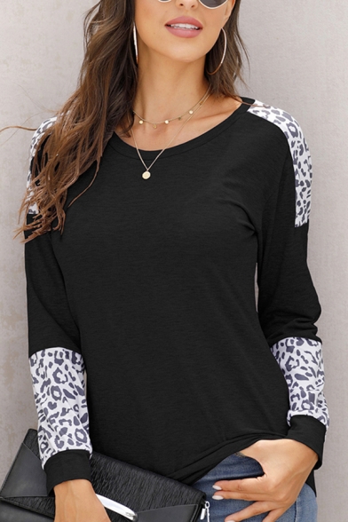 Leisure Women's Tee Top Contrast Panel Leopard Print Round Neck Long Sleeves Regular Fitted T-Shirt