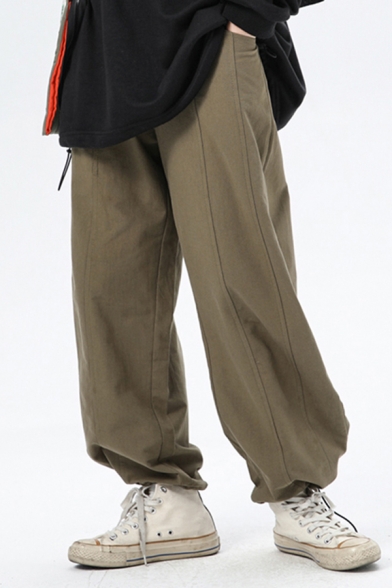 Retro Men's Pants Solid Color Front Pocket Drawstring Hem Mid Waist Ankle Length Pants