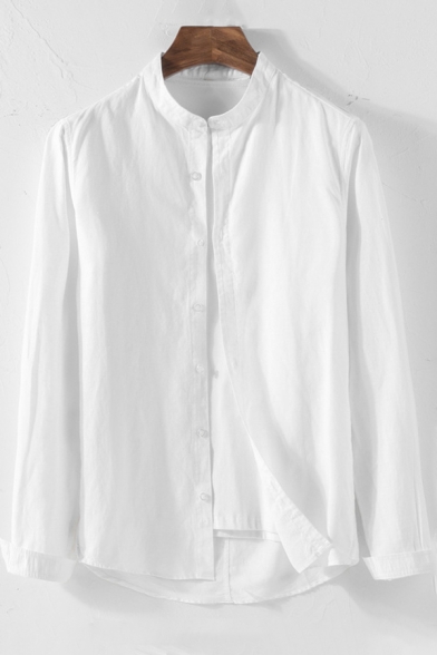 Simple Boys Shirt Solid Color Long Sleeve Collarless Button Up Loose Fit Shirt Top