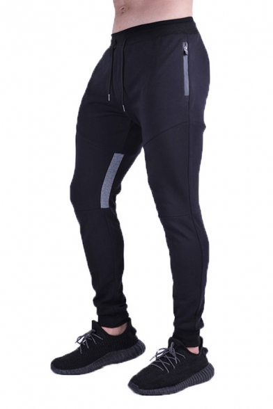 Sports Mens Pants Tape Panel Drawstring Waist Ankle Length Fitted Pants