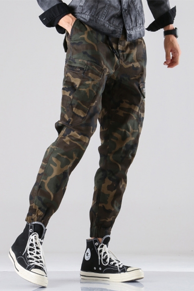 Street Style Plain Camo Pattern Letter Printed Pocket Cargo Pants Ankle Banded Trousers