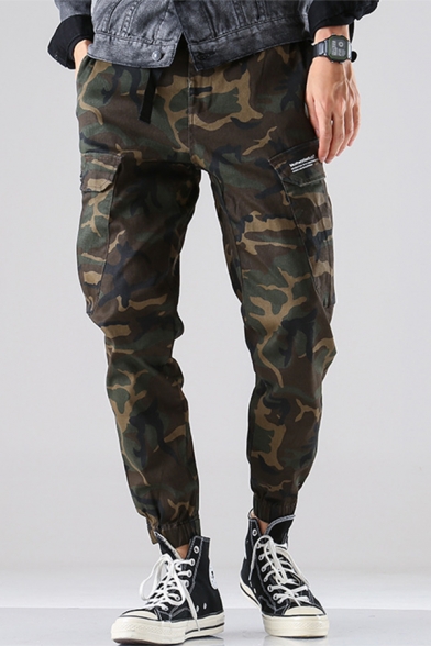 Street Style Plain Camo Pattern Letter Printed Pocket Cargo Pants Ankle Banded Trousers
