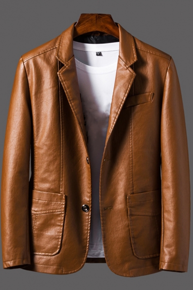 Stylish Mens Jacket Solid Color Long Sleeve Notched Collar Button Up Relaxewd Leather Jacket