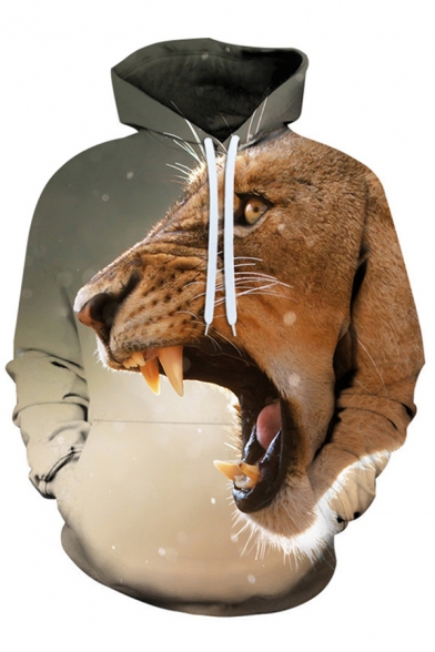 Unique Men's Hoodie Lion Digital 3D Print Front Pocket Long Sleeves Drawstring Hooded Sweatshirt
