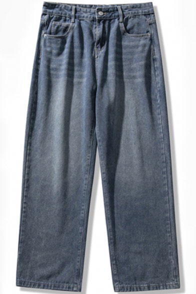 Unique Men's Jeans Stonewash Zip Fly Mid Waist Ankle Length Straight Denim Jeans
