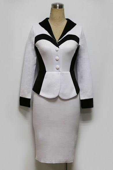Vintage Victorian Fashion Lapel Collar Long Sleeve Colorblocked Button Front Midi Pencil Dress for Office Lady
