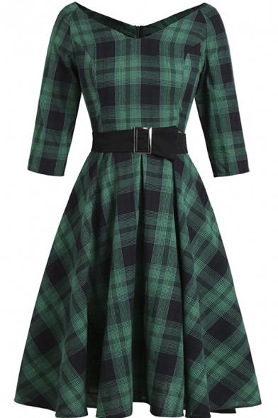 Vintage Womens Dress Green Plaid Printed 3/4 Sleeve V-neck Belted Mid Pleated A-line Dress