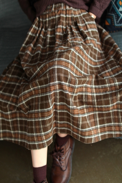 Womens Popular Skirt Plaid Print Elastic Waist Mid A-line Skirt