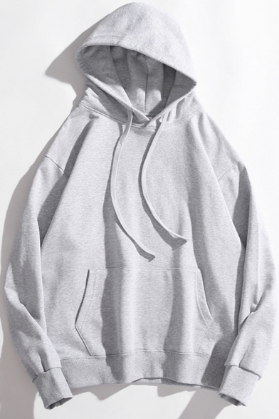 Basic Men's Hoodie Solid Color Front Pocket Long Sleeves Drawstring Hooded Sweatshirt