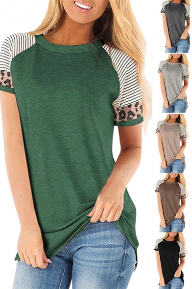 Basic Women's Tee Top Contrast Panel Stripe Leopard Print Round Neck Short Sleeves Regular Fitted T-Shirt
