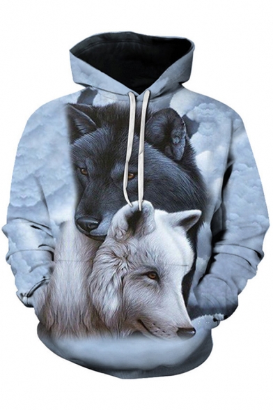 Casual Men's Hoodie Wolf Digital 3D Print Front Pocket Long Sleeve Drawstring Hooded Sweatshirt