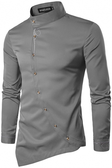 Casual Shirt Embroidered Long Sleeve Stand Collar Oblique Button Up Asymmetric Hem Fitted Shirt Top for Men