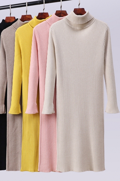 Casual Women's Sweater Dress Solid Color Ribbed Knit Turtle Neck Long Sleeves Midi Sweater Dress