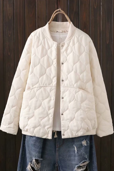 Casual Womens Coat Solid Color Quilted Long Sleeve Press Button Loose Coat
