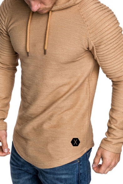 Elegant Men's Hoodie Pleated Detail Raglan Long Sleeves Drawstring Hooded Sweatshirt