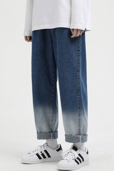 Fancy Men's Jeans Ombre Pattern Zip Fly Side Pocket Ankle Length Straight Jeans