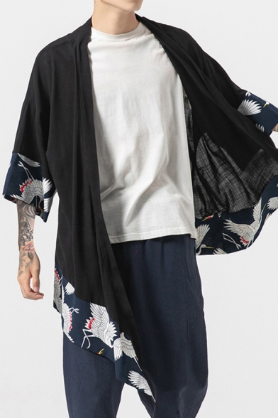 Fancy Men's Kimono Coat Crane Pattern Open Front Contrast Panel Half Sleeves Relaxed Fit Kimono Coat