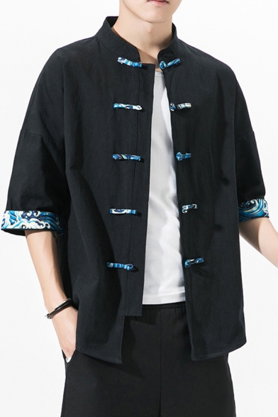 Fancy Men's Shirt Contrast Trim Horn Button Mock Neck Half Sleeve Regular Fitted Shirt