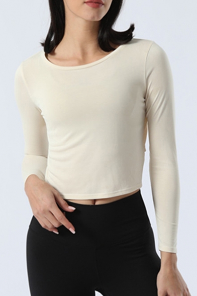 Ladies Simple T Shirt Long Sleeve Crew Neck Twist Back Cut Out Plain Fitted Crop Tee Top