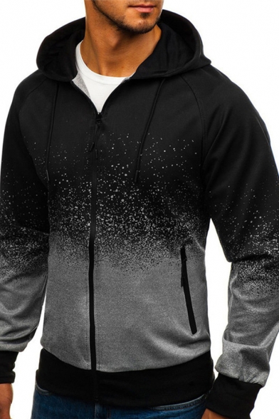 Leisure Men's Hoodie Ombre Pattern Zip Closure Long Sleeves Drawstring Hooded Sweatshirt