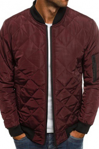 Leisure Men's Jacket Quilted Contrast Trim Zip Fly Long Sleeves Stand Collar Regular Fitted Jacket