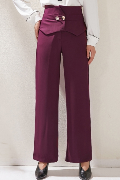 Simple Womens Pants Plain High Rise Long Length Flared Fit Pants in Purple