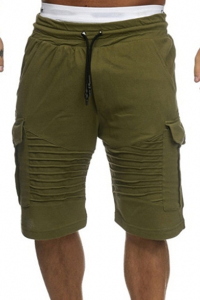 Stylish Men's Pants Plain Pleated Detail Flap Pocket Drawstring Waist Knee Length Pants