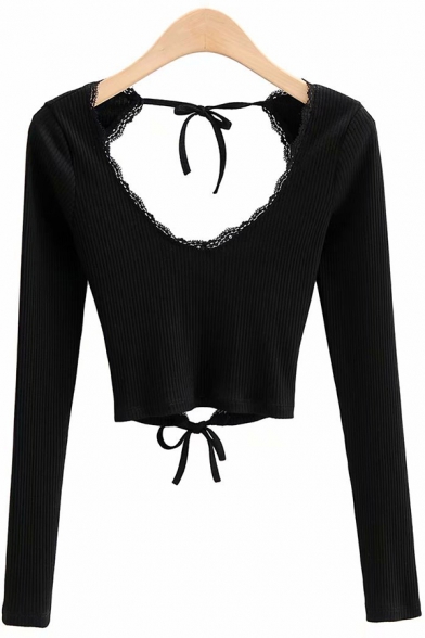 Stylish Women's Tee Top Solid Color Ribbed Knit Lace Trim Backless Drawstring Detail Long Sleeves Slim Fitted T-Shirt