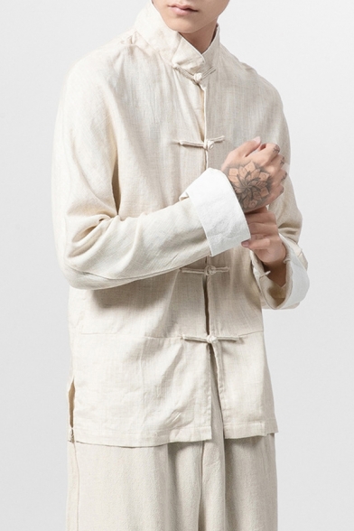 Trendy Men's Shirt Horn Button Contrast Trim Mock Neck Long Sleeve Regular Fitted Shirt