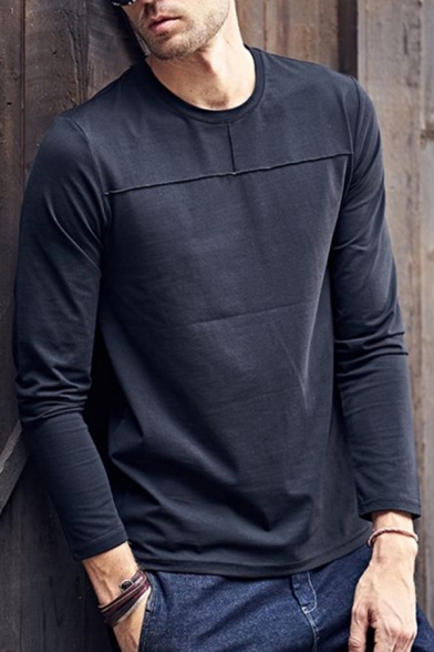 Trendy Mens Tee Top Solid Color Long Sleeve Crew Neck Relaxed T Shirt
