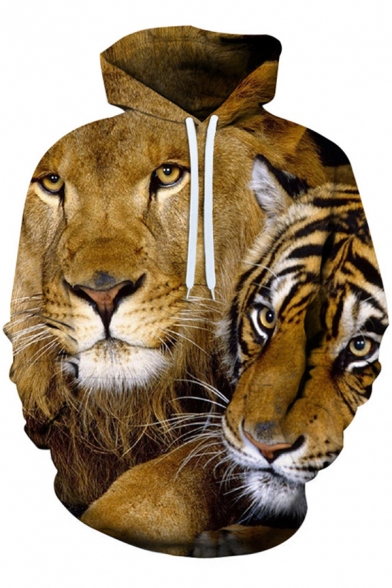 Unique Men's Hoodie Lion Digital 3D Print Front Pocket Long Sleeves Drawstring Hooded Sweatshirt