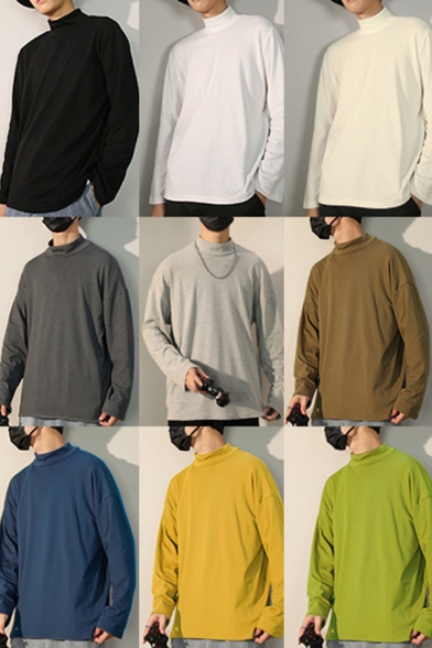 Unique Men's Tee Top Solid Color Mock Neck Long Sleeves Regular Fitted Bottoming T-Shirt