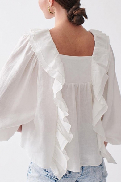 Womens Pretty Shirt White Blouson Sleeve Square Neck Ruffled Trim Loose Fit Shirt