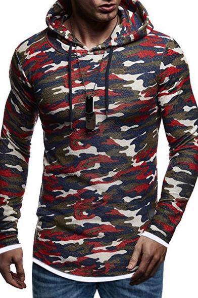 Basic Men's Hoodie Camo Print Long Sleeves Regular Fitted Drawstring Hooded Sweatshirt