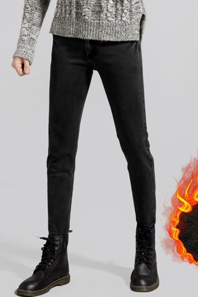 Casual Men's Jeans Solid Color Pocket Detail Zip Fly Mid Waist Long Skinny Denim Jeans