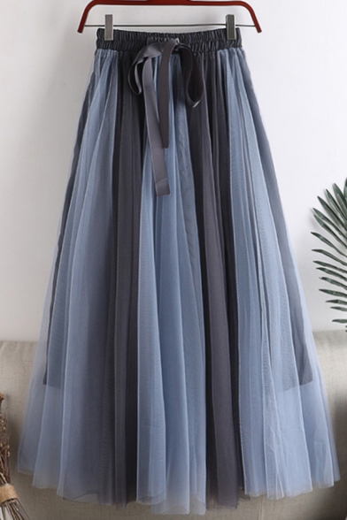 Elegant Women's Skirt Patchwork Mesh-Gauze Drawstring Elastic Waist Contrast Panel Lined Long Flowy Skirt