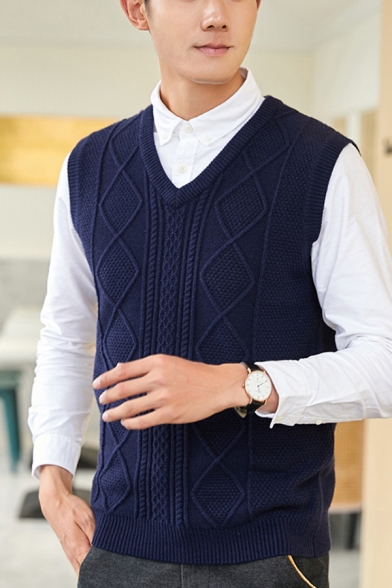 Fancy Men's Knit Vest Cable Knit Ribbed Trim Sleeveless Regular Fitted Knit Vest