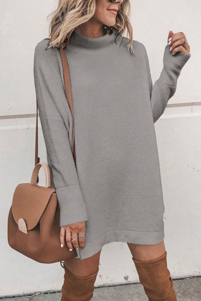 Fancy Women's Dress Solid Color Side Split Mock Neck Long Sleeves Relaxed Fit Sweater Dress