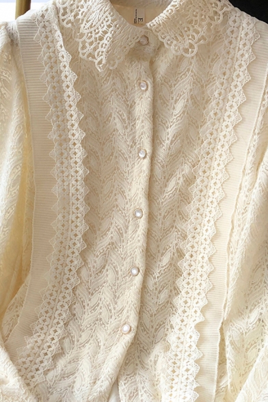 Fancy Women's Shirt Button Fly Lace Trim Long Sleeve Broderie Detail Regular Fitted Shirt