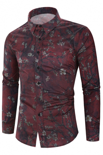 Fashionable Men's Shirt Floral Pattern Button Closure Point Collar Long Sleeves Regular Fitted Shirt