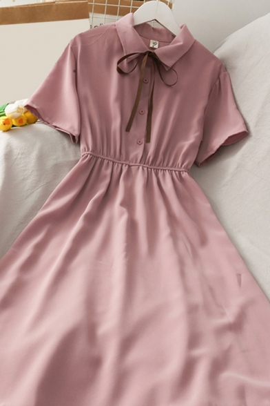 Fashionable Women's Blouse Dress Solid Color Button Detail Point Collar Tie Front Short Sleeve Midi Blouse Dress
