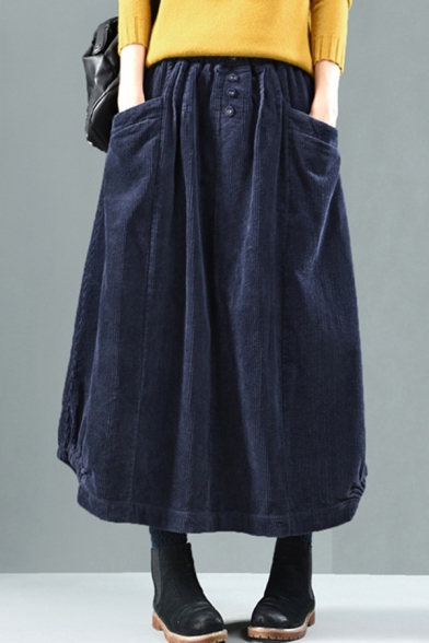 Girls Simple Skirt Solid Color Corduroy Elastic Waist Mid A-line Skirt
