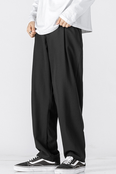 Leisure Men's Pants Solid Color Drawstring Elastic Waist Side Pocket Ankle Length Long Tapered Pants